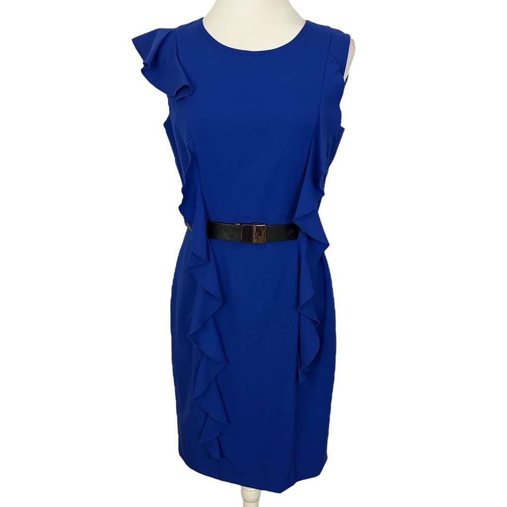 CALVIN KLEIN | Royal Blue Asymmetrical Ruffle Sleeve Belted Sheath Dress